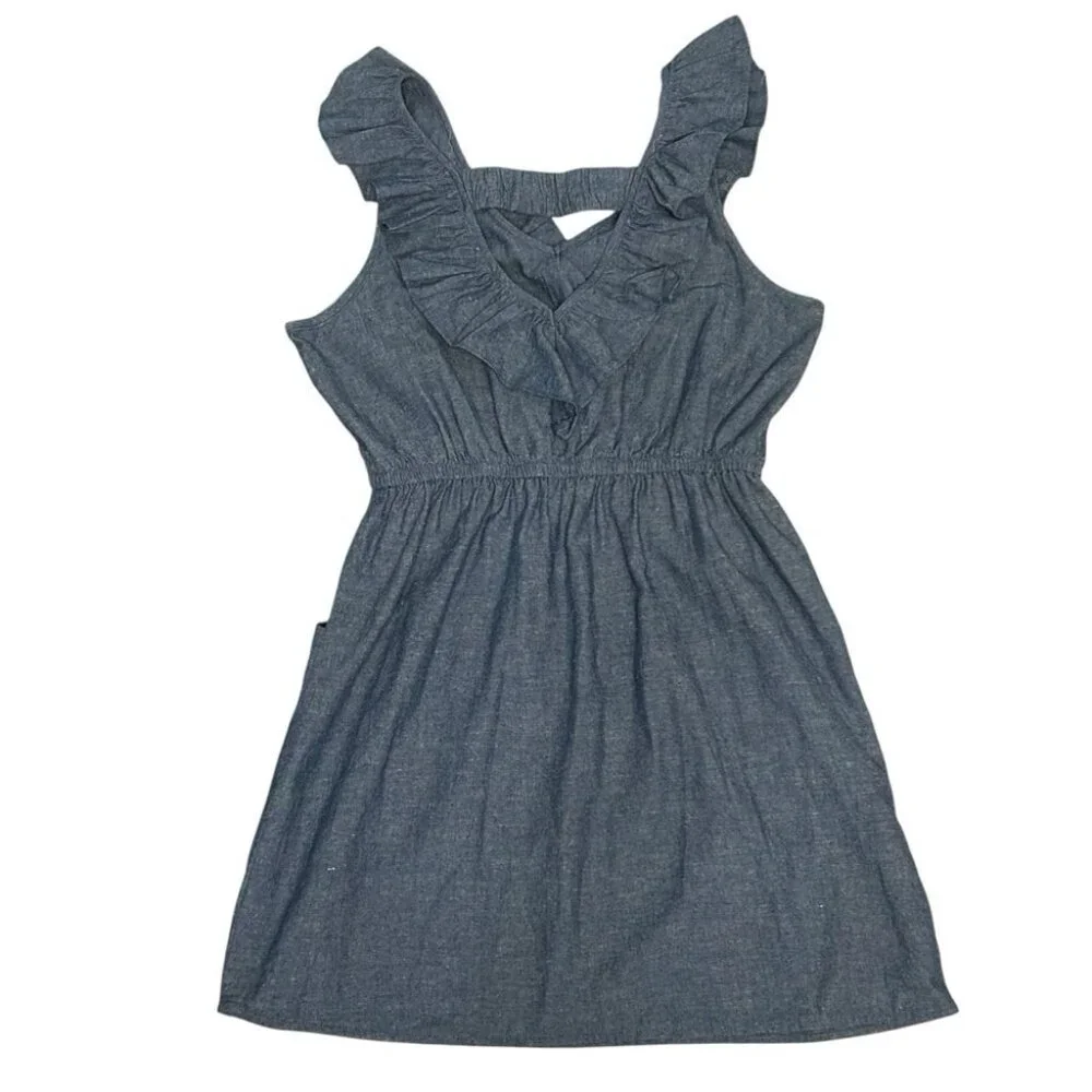 Alythea Linen Blend Chambray Ruffle Sundress Blue Large - Picture 5 of 11